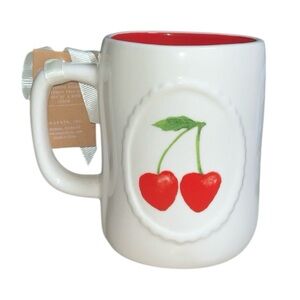 Rae Dunn “Mon Cherry” Double Sided White Ceramic Mug 21oz